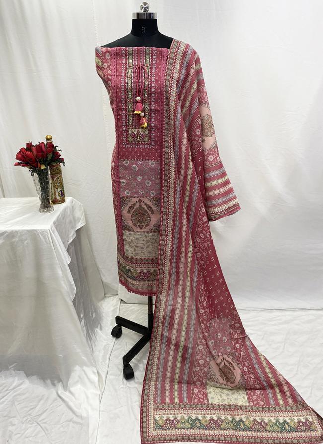 Cotton Pink Party Wear Printed Dress Material